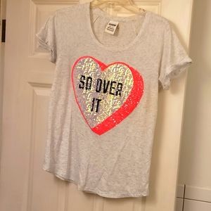 LIKE NEW Victoria Secret PINK sequin heart ❤ "So over it" funny grey tee shirt